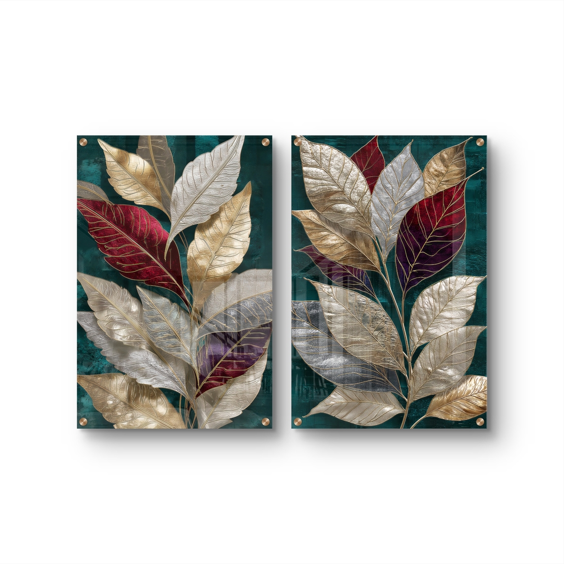 סט תמונות זכוכית זוג עם עלים גדולים בגווני זהב, בורדו ושמנת על רקע ירוק אמרלד תלוי מעל ספה כחולה בסלון מודרני.