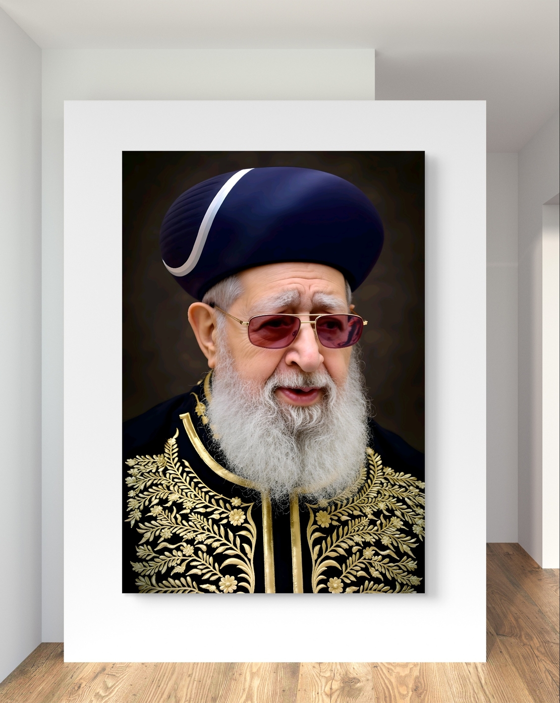 תמונת קנבס מרשימה של רב בלבוש מסורתי מעוטר ברקמות זהב, חובש כובע ייחודי וחובש משקפיים כהים – משדרת חוכמה והדר.