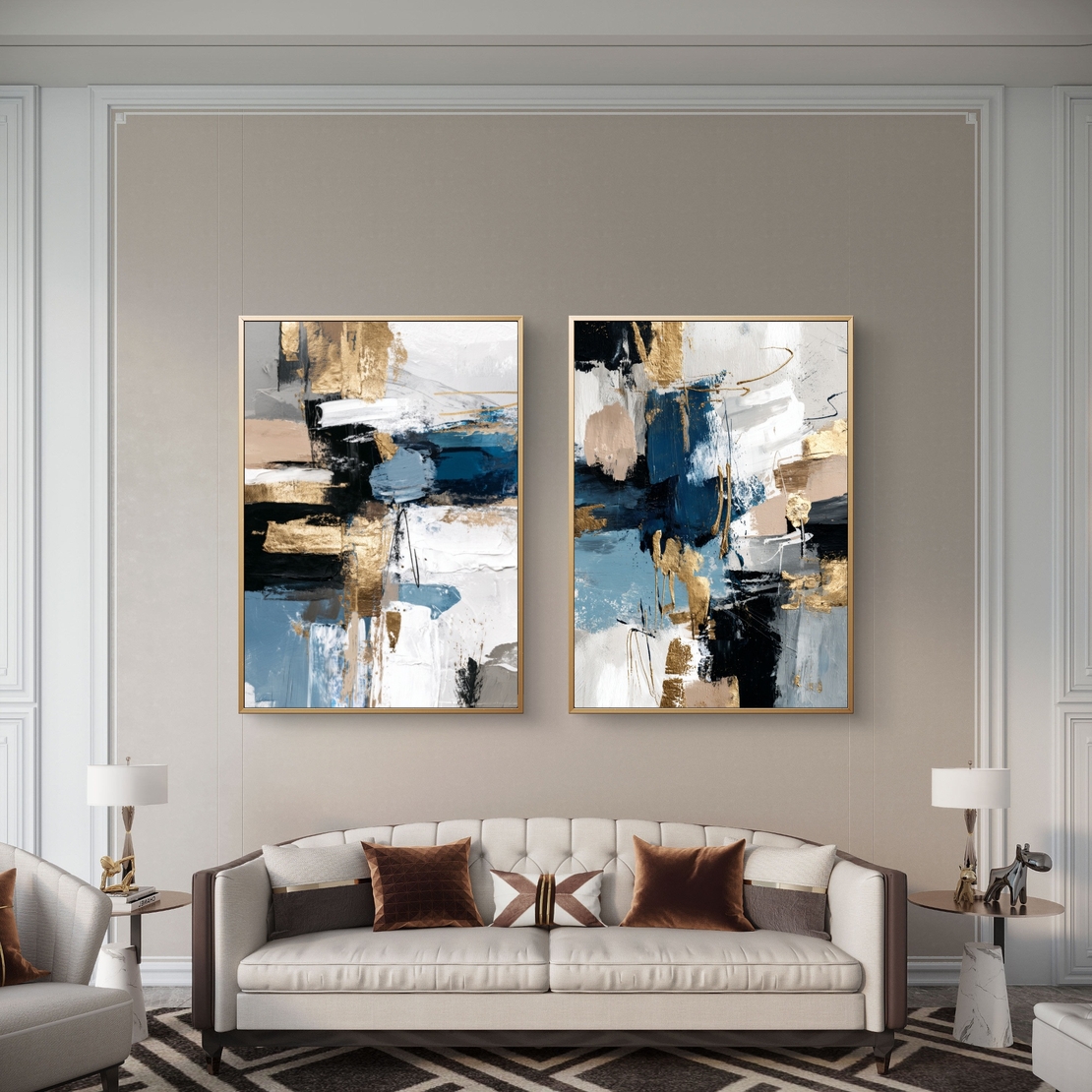 תמונת קנבס זוגית אבסטרקטית בגווני כחול, שחור ולבן עם נגיעות זהב בעיצוב מודרני