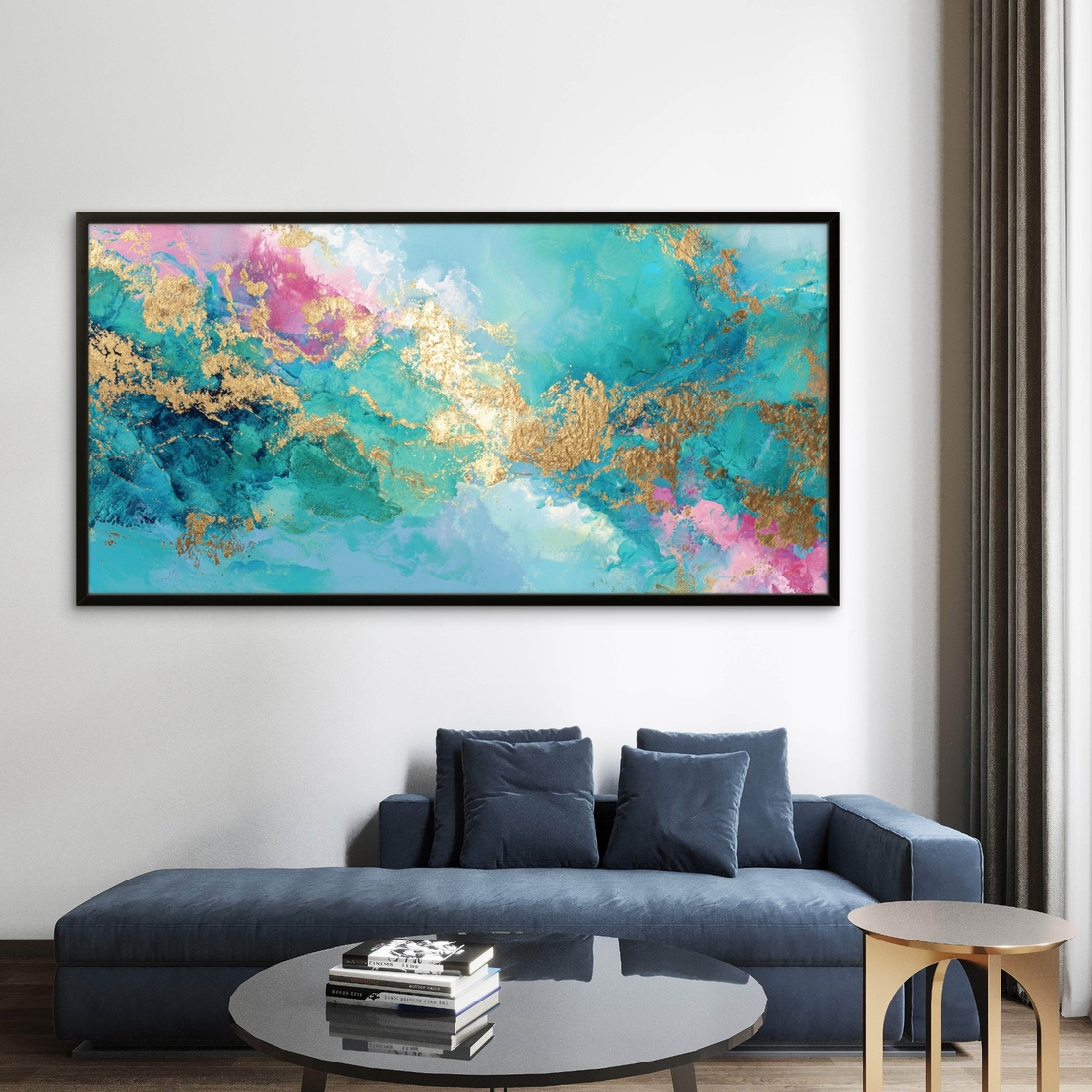 תמונת קנבס רחבה בגווני טורקיז ורוד עם נגיעות זהב – עיצוב מודרני