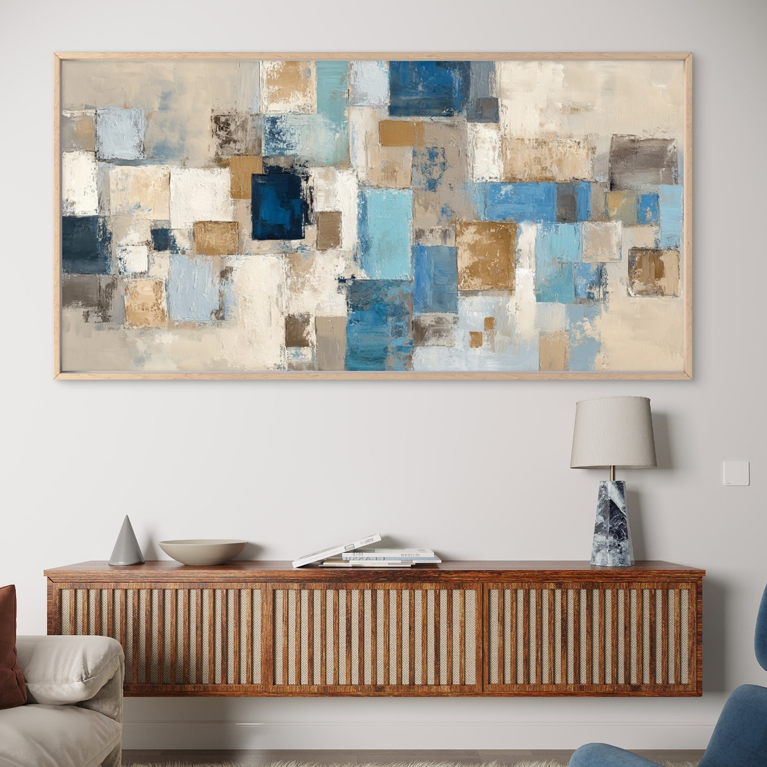 תמונת קנבס אבסטרקטית בגווני בז', כחול וטורקיז בעיצוב מודרני