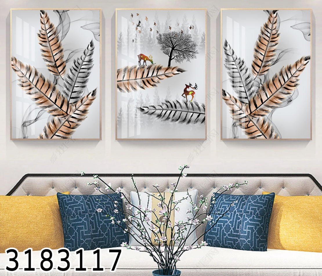 שלשה על קנבס לסלון מופשט  נוצות דגם 3183117