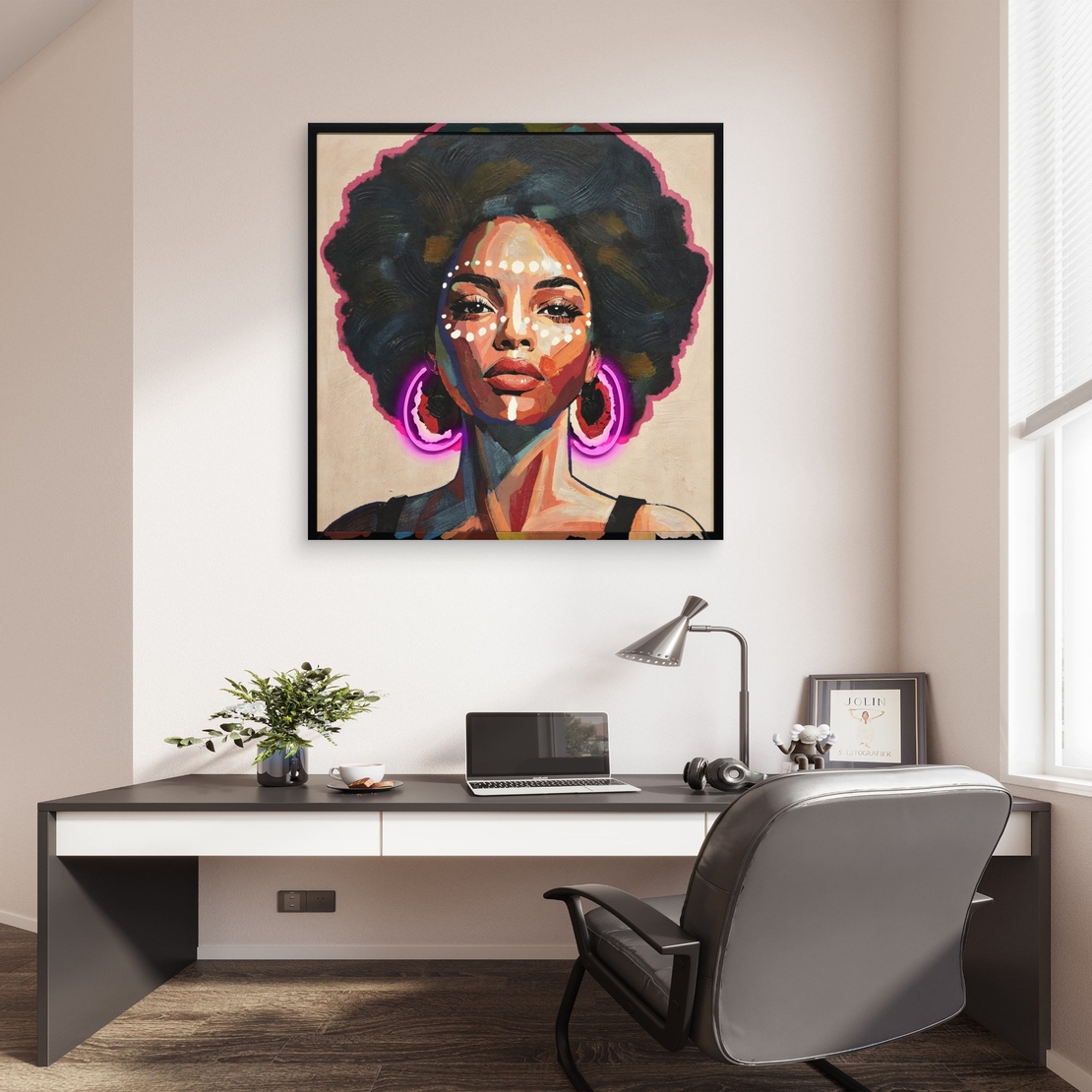 תמונת LED פורטרט אישה עם עגילי ניאון – הדפס משודרג עם מריחות צבע, מופעלת על סוללות עם שלט רחוק מידה 83*83 ס