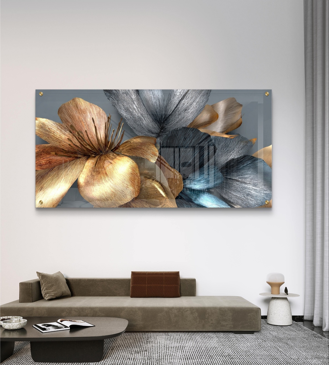 תמונת זכוכית רוחבית עם פרחים מטאליים בגווני זהב, נחושת וכסף – תכשיט לבית