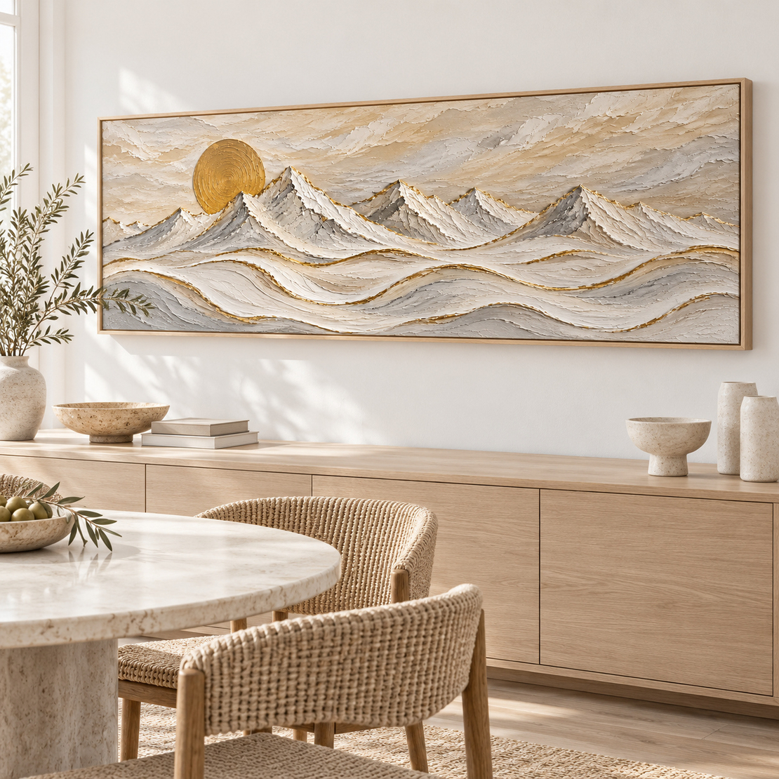 תמונת קנבס פרימיום הרים ושמש זהובה במרקם בולט | דגם PR3112