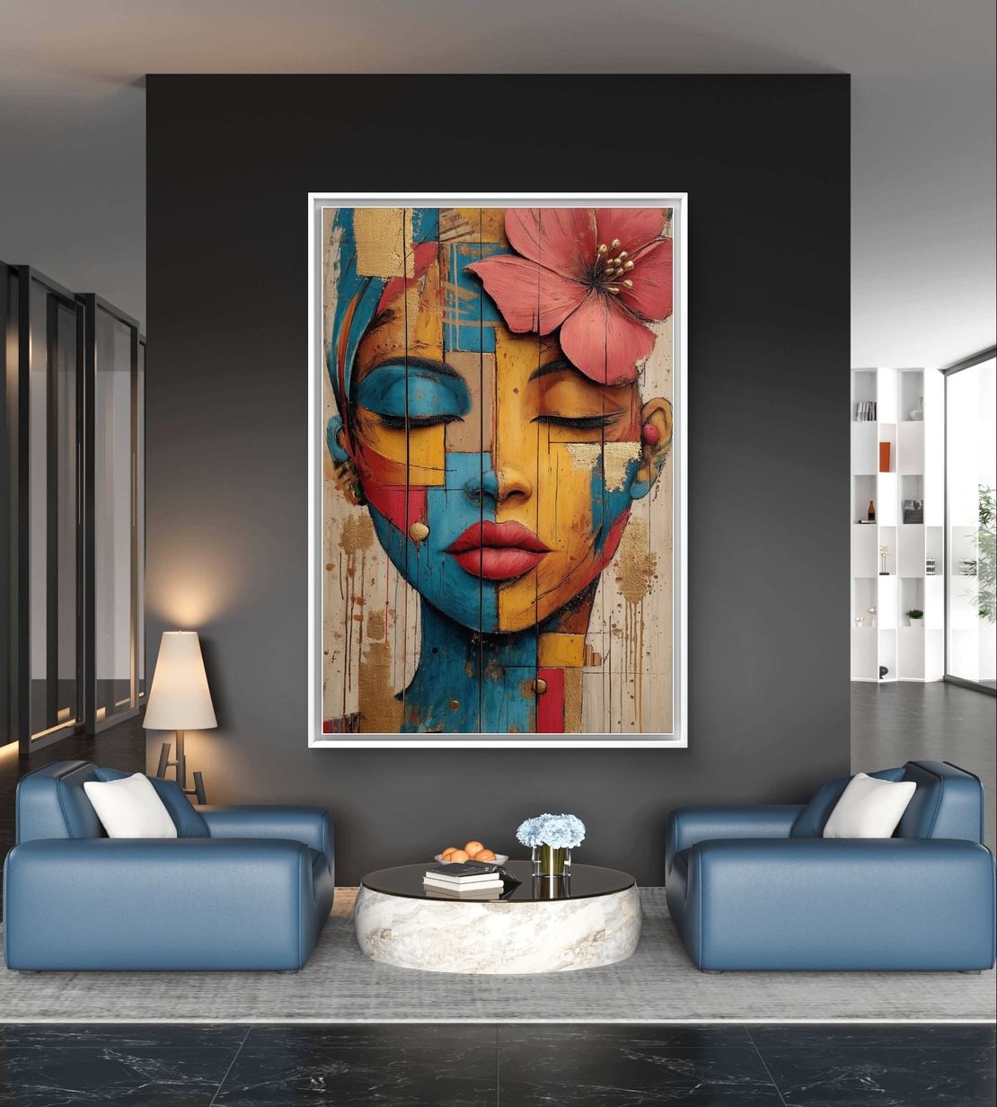 דיוקן נשי אומנותי עם עיניים עצומות ופרח בשיער בגווני טורקיז, זהב ואדמה מודפס על קנבס איכותי