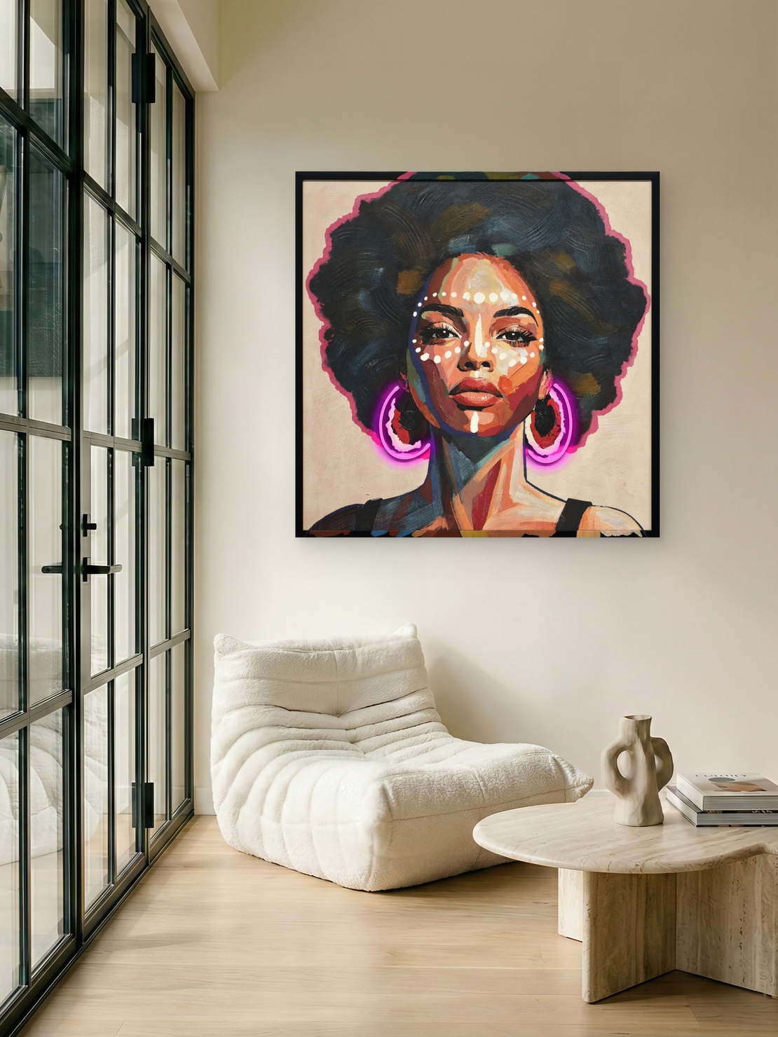 תמונת LED פורטרט אישה עם עגילי ניאון – הדפס משודרג עם מריחות צבע, מופעלת על סוללות עם שלט רחוק מידה 83*83 ס