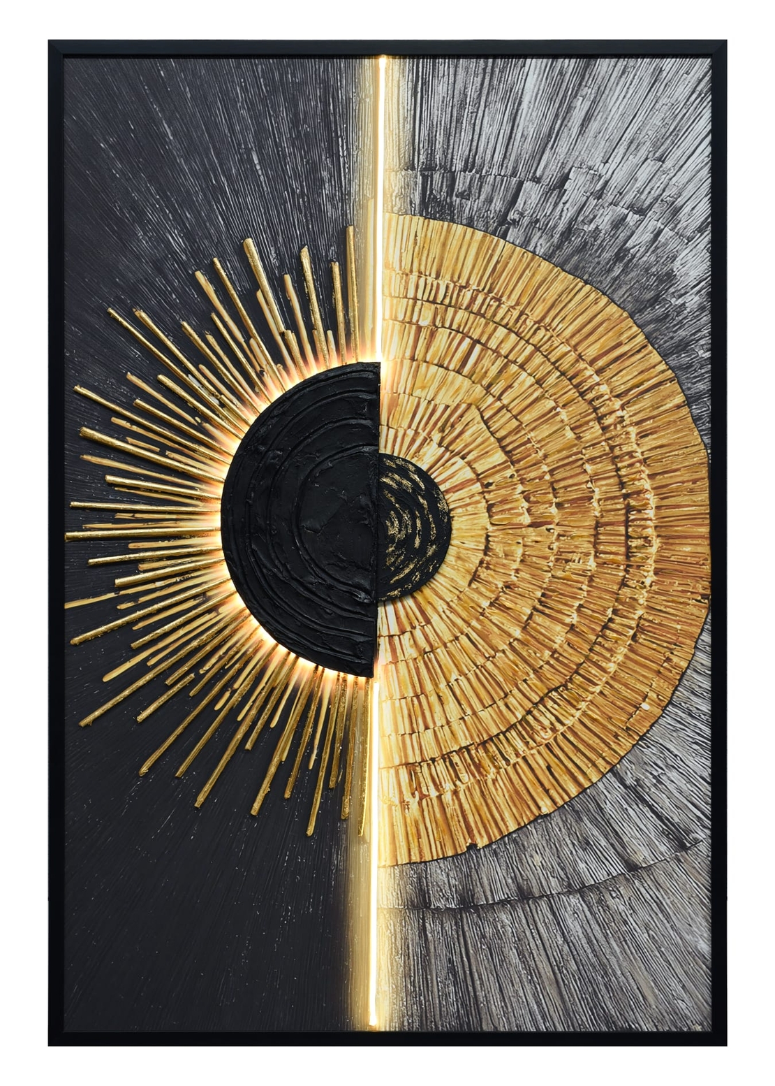 תמונת שמש אבסטרקטית שחור זהב מוארת עם שלט רחוק וסוללות – אמנות LED דגם LED1009-מידה 123*83 ס