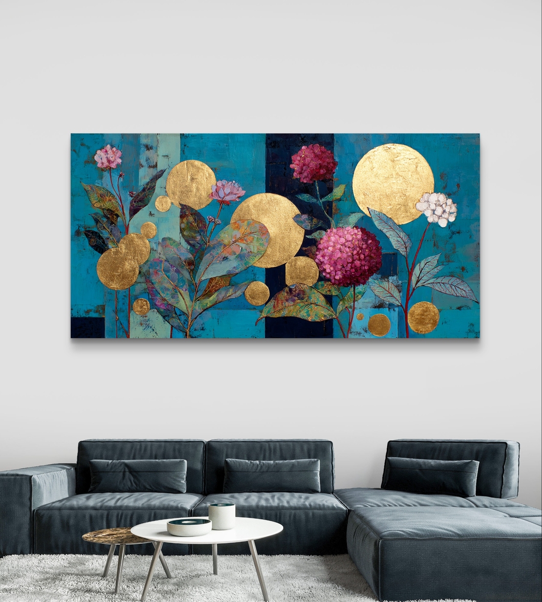 גן הזהב הבוטני – תמונת קנבס פרחים וזהב על רקע טורקיז | CY4512