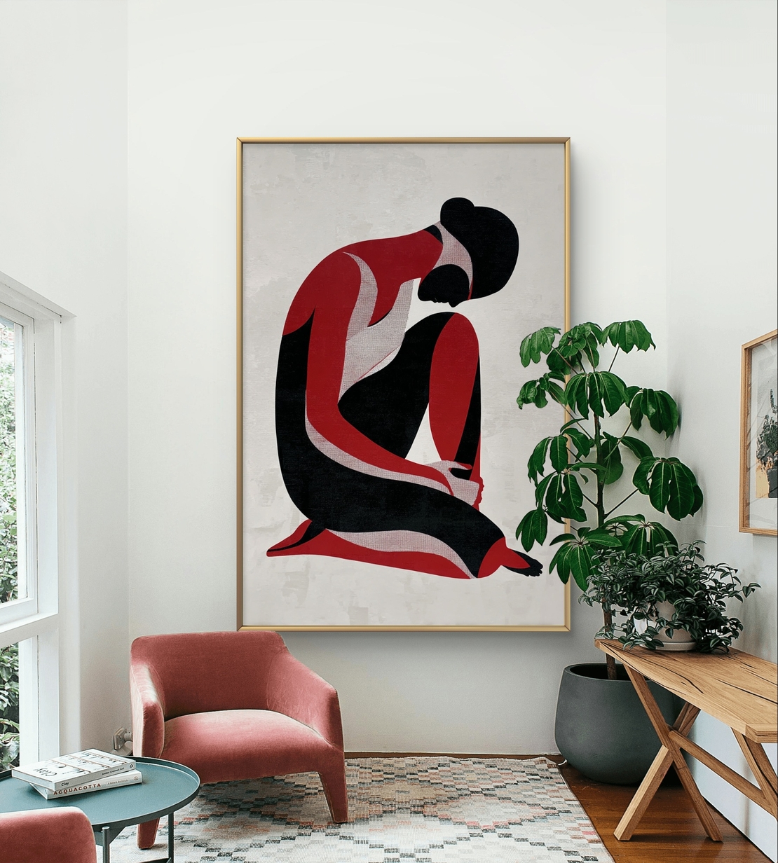 תמונת קנבס עם דמות נשית מינימליסטית בגווני שחור ואדום בעיצוב מודרני