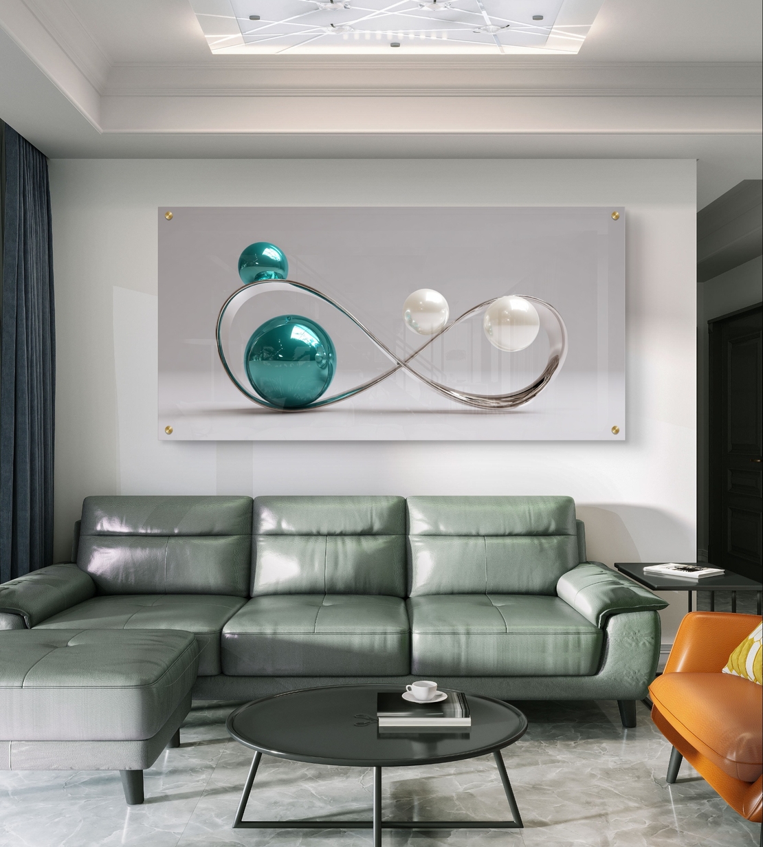 תמונת זכוכית בהדפסה חלקה עם עיצוב אינסוף מתכתי וכדורים מבריקים בגווני טורקיז ולבן, בסגנון מודרני ויוקרתי.