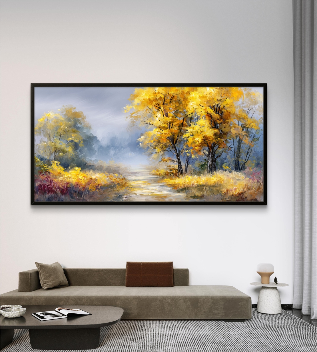 שביל שלכת – תמונת קנבס נוף סתיו זהוב עם עומק רך ואור טבעי | CK7124