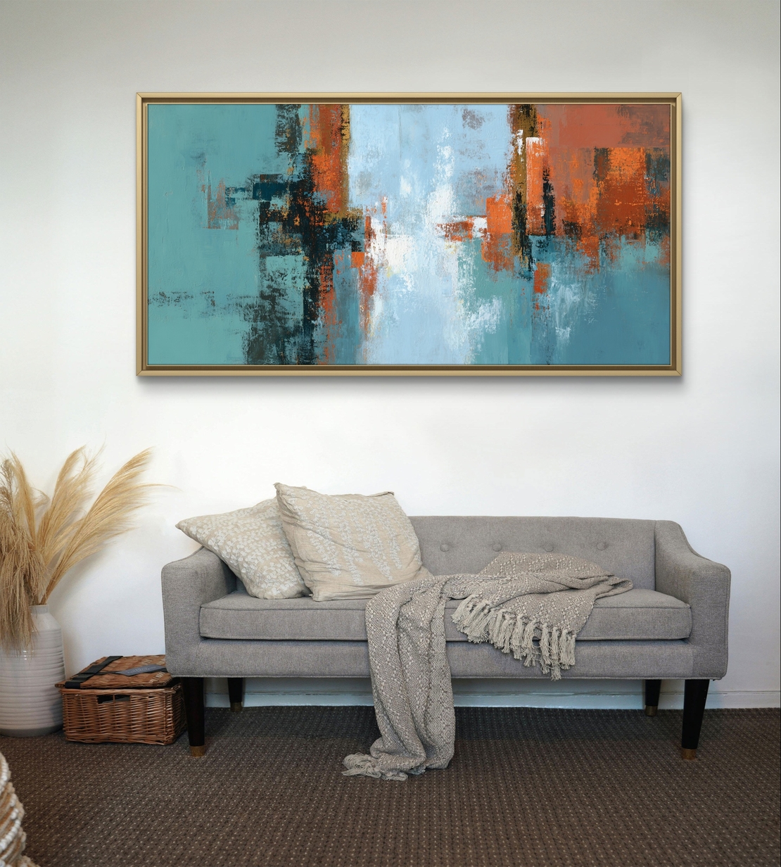 תמונת קנבס אבסטרקט בטורקיז וחלודה עם טקסטורות שכבתיות וקונטרסט מודרני
