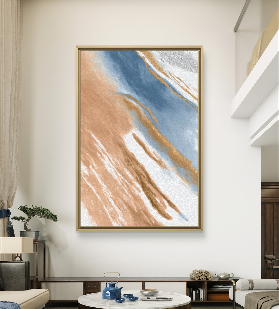 תמונת קנבס מופשטת בגווני חום, כחול ולבן בהדפסה חלקה וללא תבליט – תכשיט לבית
