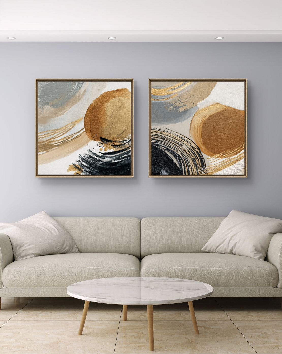 זוג תמונות קנבס מרובעות בסגנון מופשט עם מעגלים וקווים בגווני זהב, שחור ובז’ בעיצוב מודרני ויוקרתי