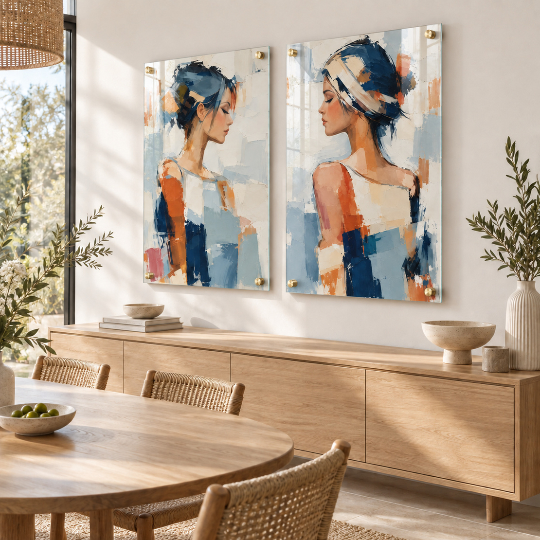 זוג תמונות זכוכית נשים אלגנטיות באמנות מודרנית בגווני כחול וכתום | דגם TG8711