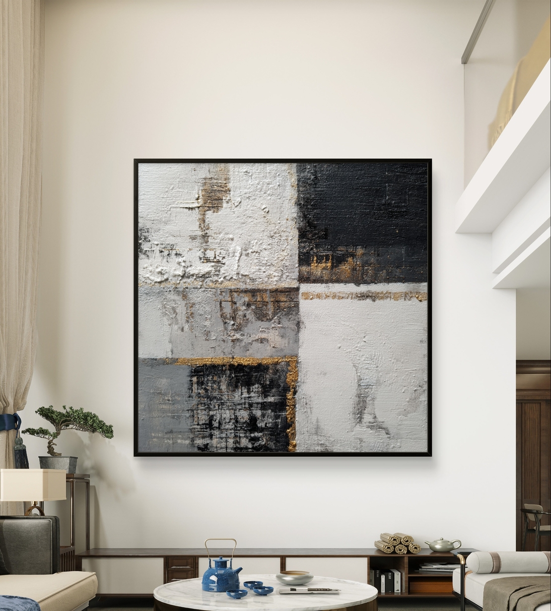 יצירת אמנות מודרנית לקיר עם חלוקה גיאומטרית וזהב עדין.