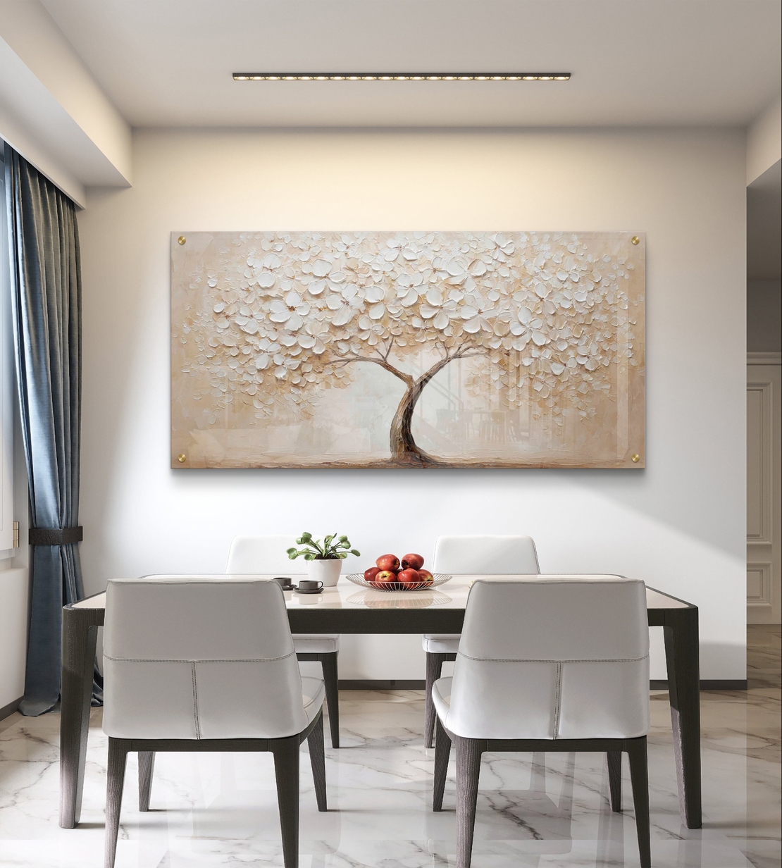 עץ פריחה לבנה על זכוכית – תמונת זכוכית יוקרתית בגווני שמנת, פנינה ובז׳ | GX4171
