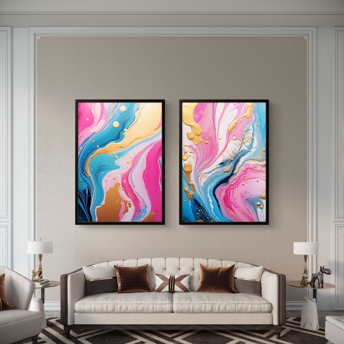 תמונת קנבס זוגית אבסטרקטית בגווני ורוד, תכלת וזהב בעיצוב יוקרתי לסלון
