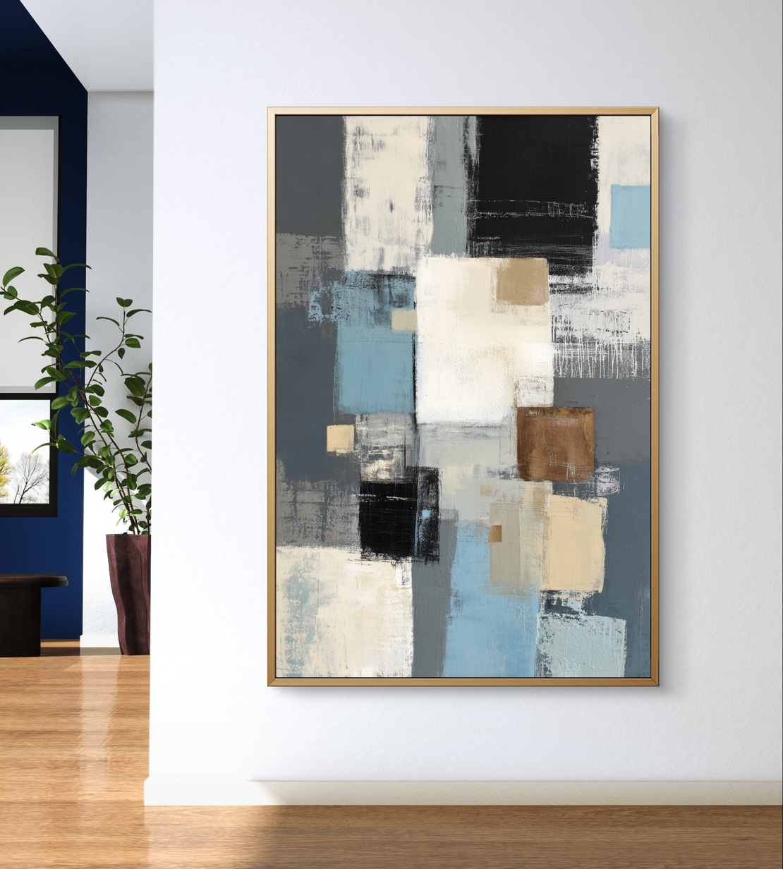 תמונת קנבס אבסטרקטית בגווני כחול אפור ושמנת בעיצוב מודרני