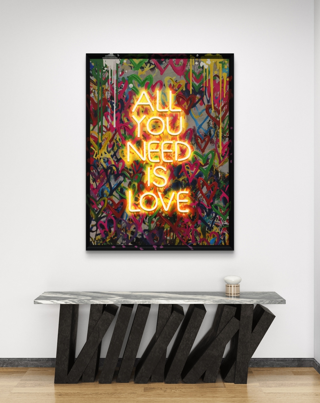 תמונת גרפיטי ALL YOU NEED IS LOVE מוארת עם שלט רחוק וסוללות – אמנות LED דגם LED1010--מידה 63*83 ס