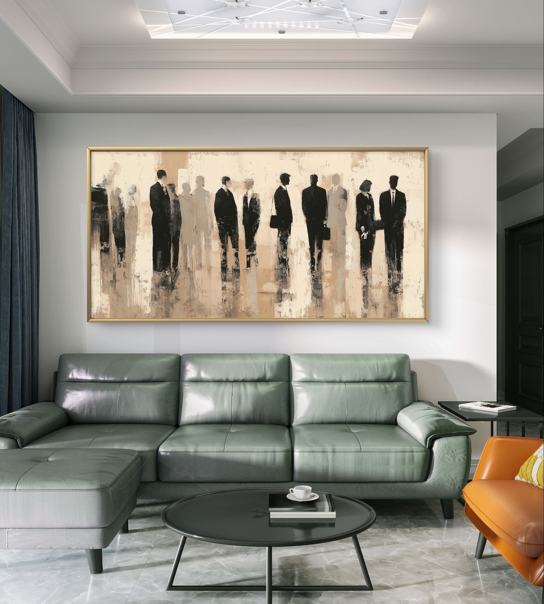 תמונת קנבס של דמויות מופשטות בגווני שחור ובז' בהדפסה חלקה ללא תבליט, מקולקציית תכשיט לבית.