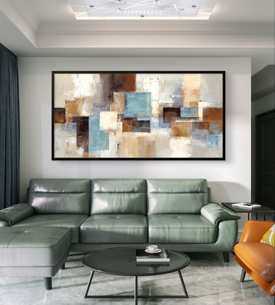 ציור גיאומטרי מודרני לקיר בגוונים רגועים של תכלת ושמנת