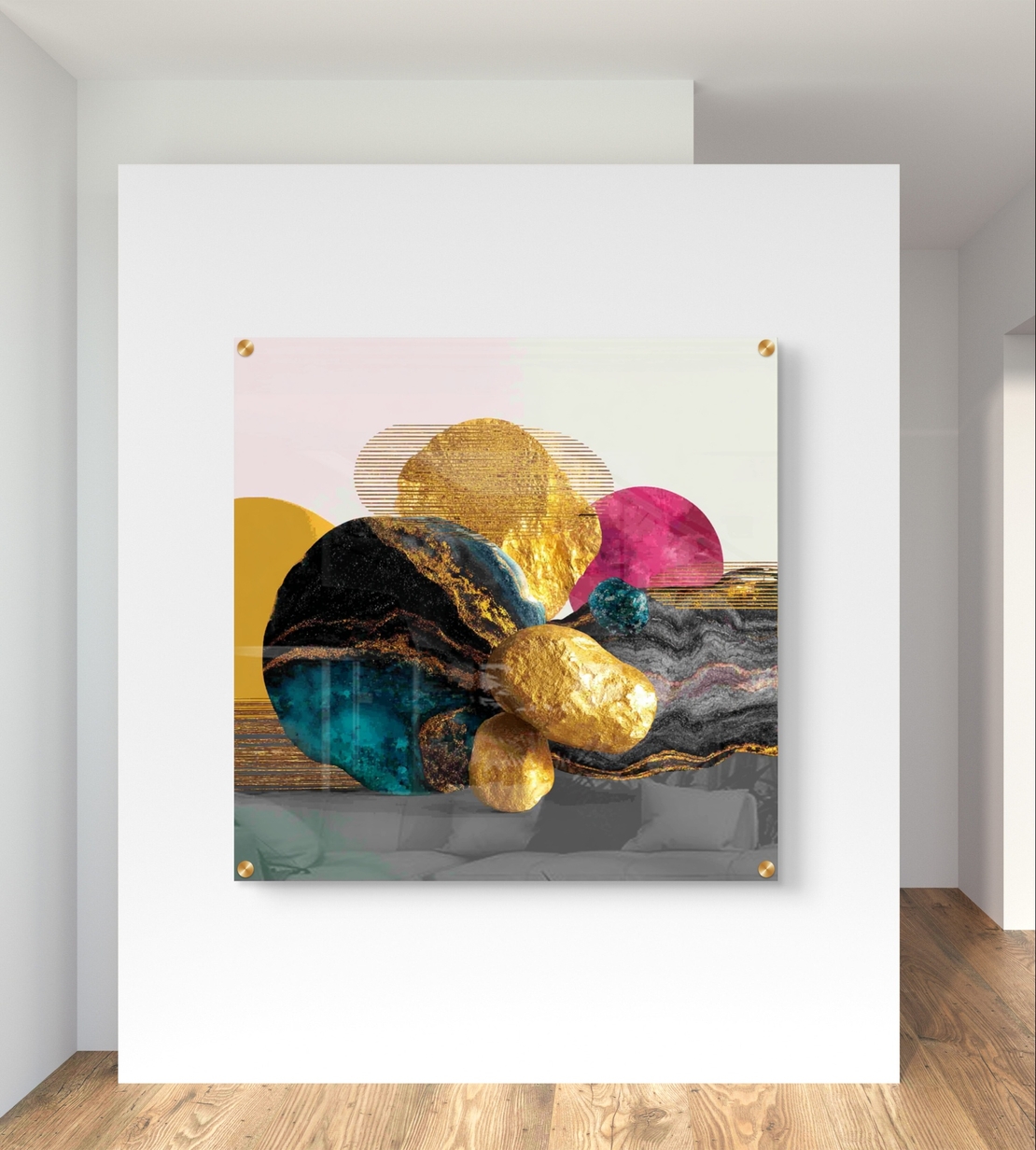 תמונת זכוכית מרובעת עם כדורים אבסטרקטיים בצבעי זהב, טורקיז, ורוד וצהוב בהדפסה חלקה וללא תבליט