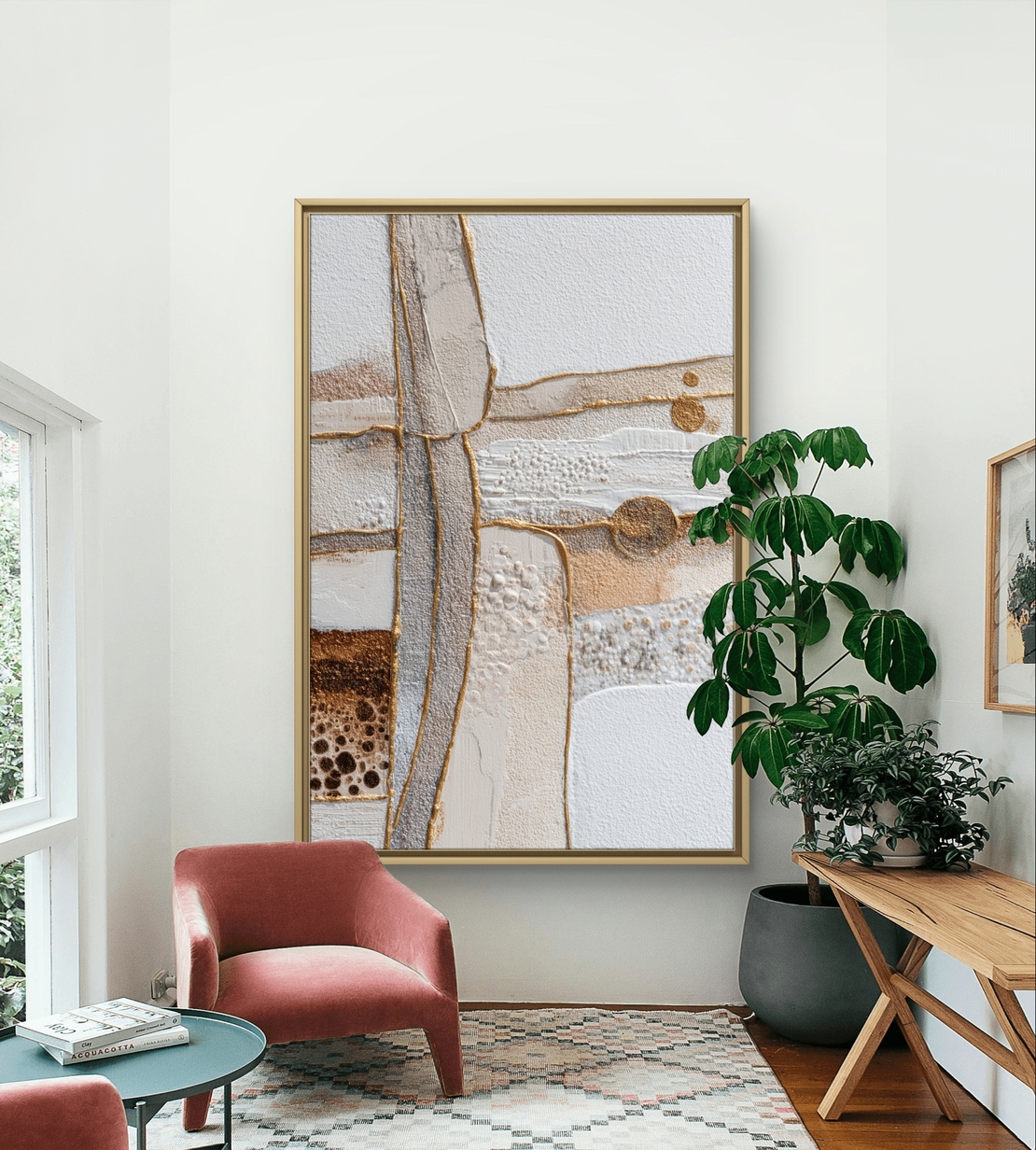 קווים זהובים – תמונת קנבס אבסטרקט טקסטורלית בלבן, בז׳ וזהב | CR6543