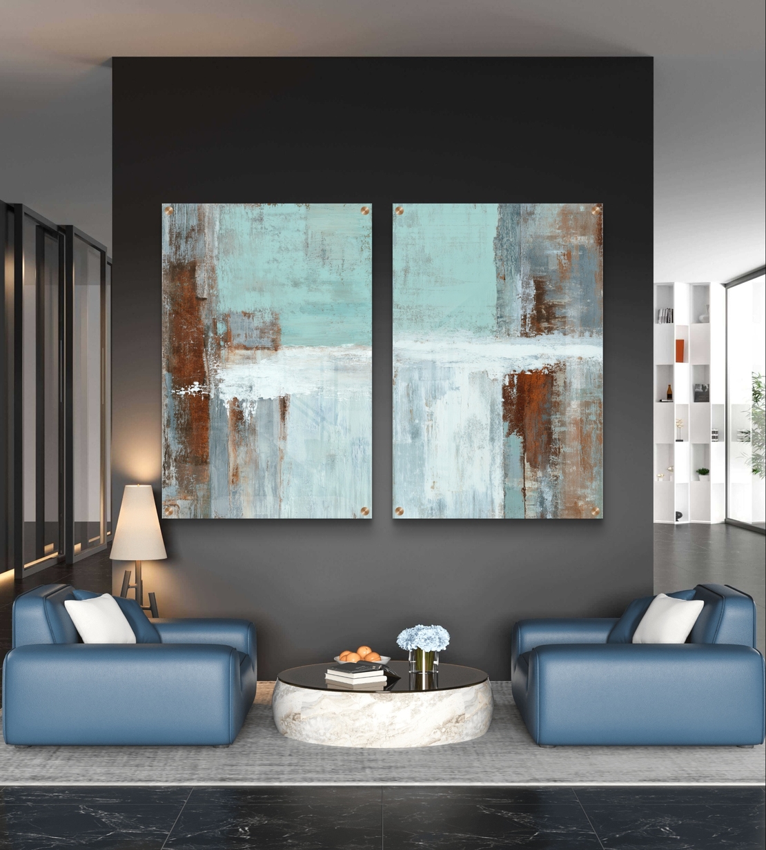 סט תמונות זכוכית זוגי בגווני טורקיז, לבן וחלודה בעיצוב אבסטרקטי – תכשיט לבית