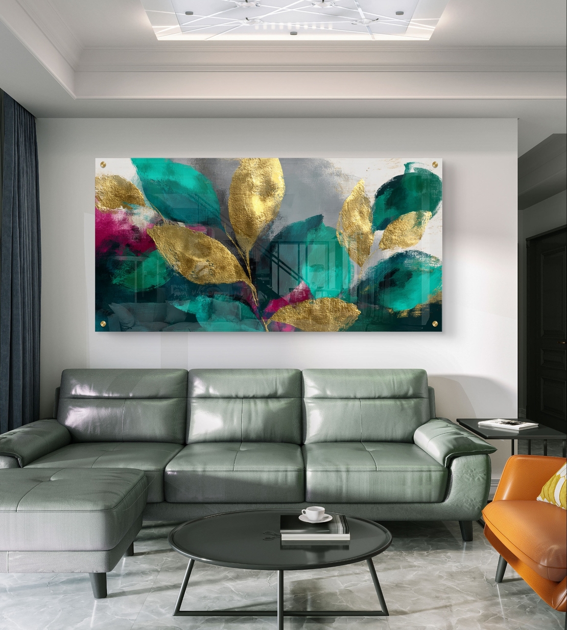תמונת זכוכית לרוחב עם עלי זהב ורקע טורקיז אבסטרקטי – תכשיט לבית