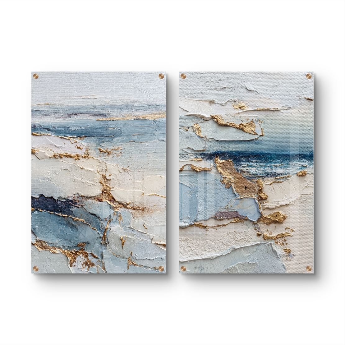 תמונת זכוכית זוגית אבסטרקטית בגווני שמנת, תכלת וכחול עם נגיעות זהב, הדפסה חלקה ללא תבליט