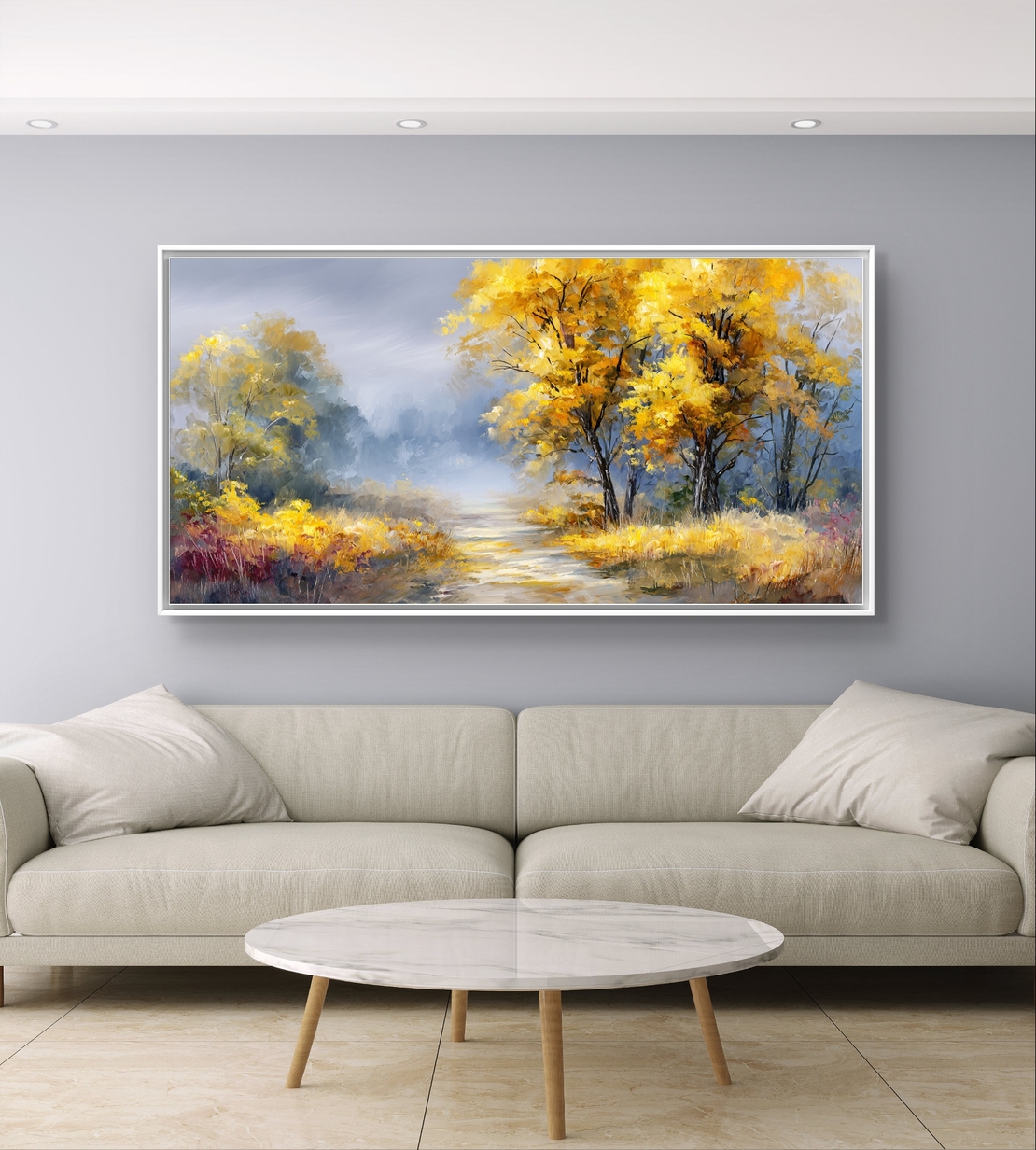 תמונת קנבס של שביל סתיו עם עצים זהובים ורקע טבעי רך