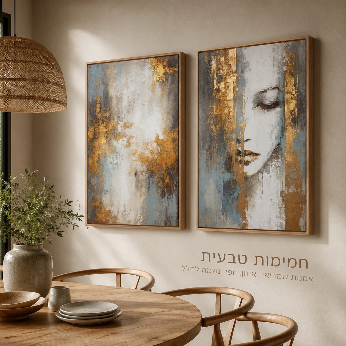 זוג תמונות קנבס פרימיום במרקם בולט דגם פני זהב אבסטרקט PR4342