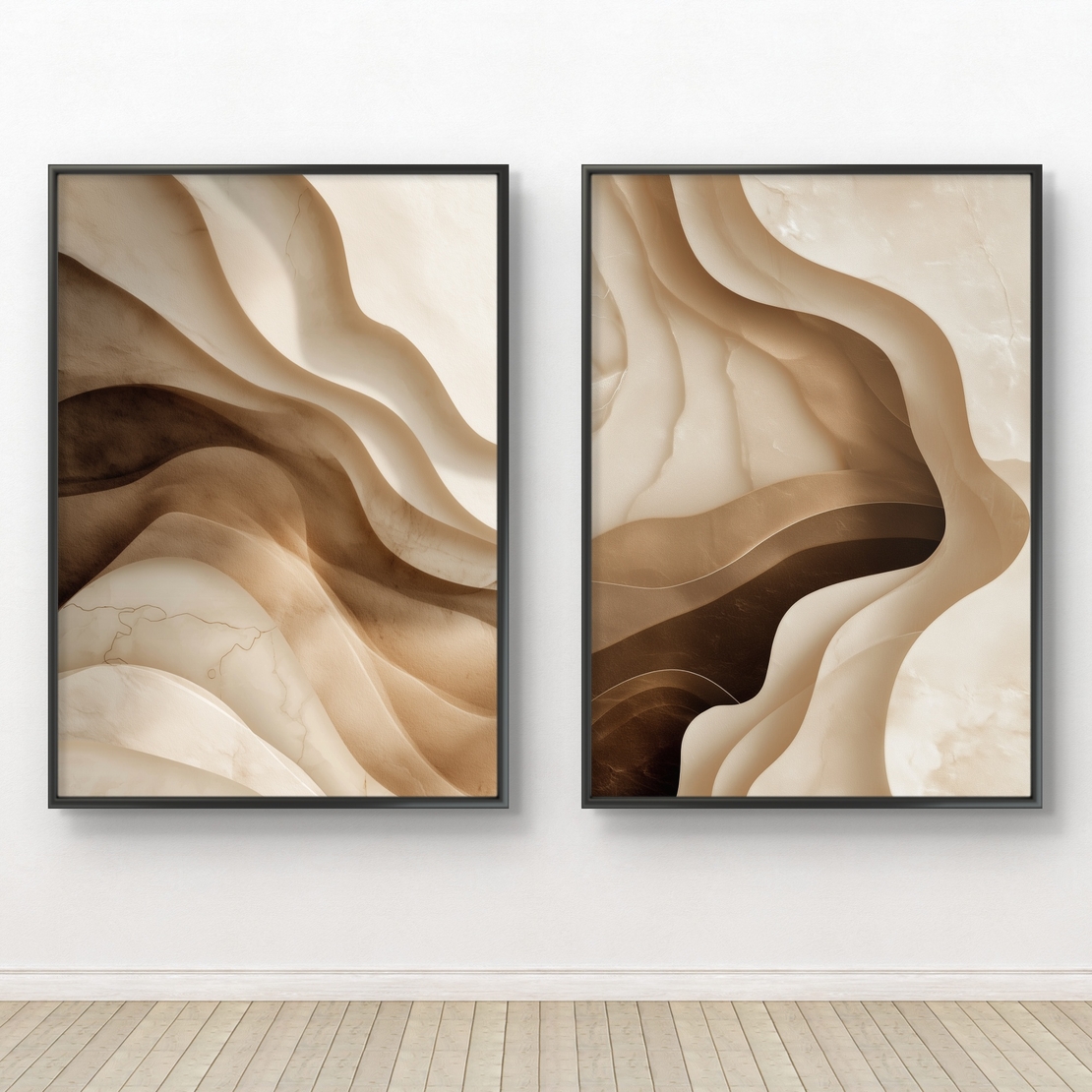 זוג תמונות קנבס בגווני בז’ וחום עם עיצוב זורם מודרני