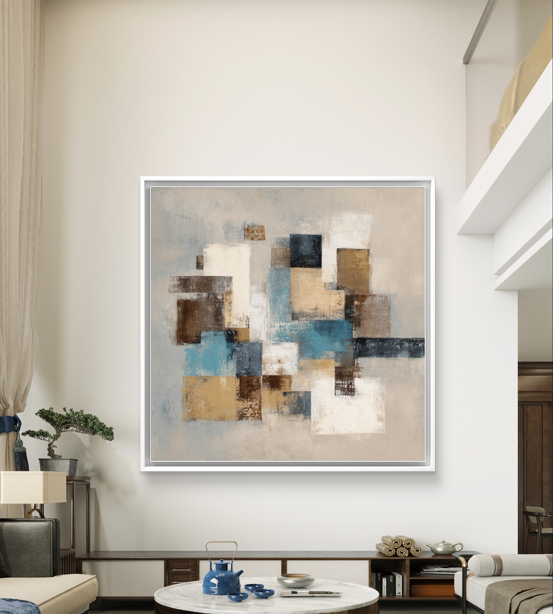 תמונת קנבס אבסטרקט גיאומטרי עם בלוקים בבז׳, שמנת, תכלת וכחול על רקע בהיר