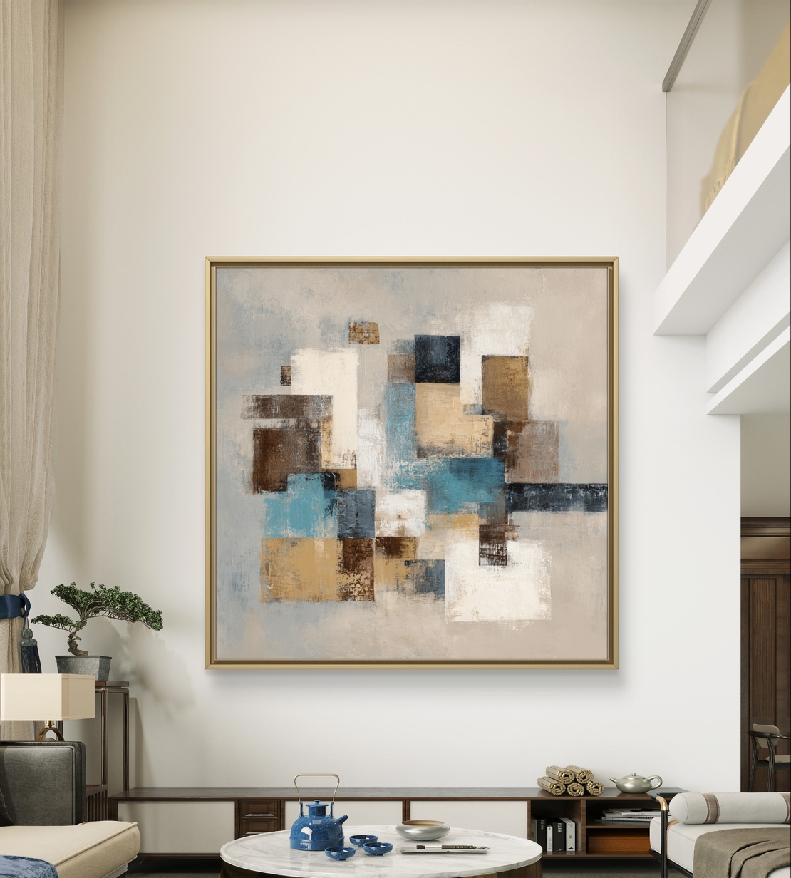 קנבס מודרני מינימליסטי בגווני ניטרל וכחול עם מרקם עדין ועיצוב גיאומטרי