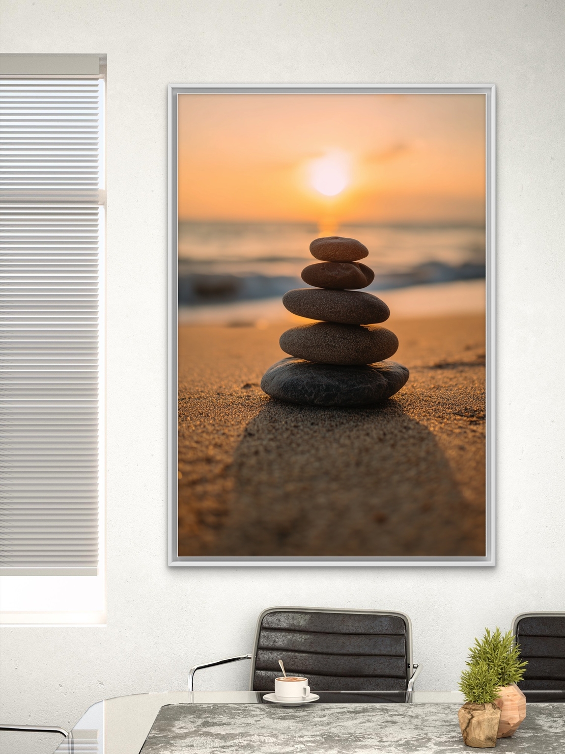 תמונת קנבס של ערימת אבנים על חוף ים בשקיעה רכה – קולקציית NEXTGEN BY BAR