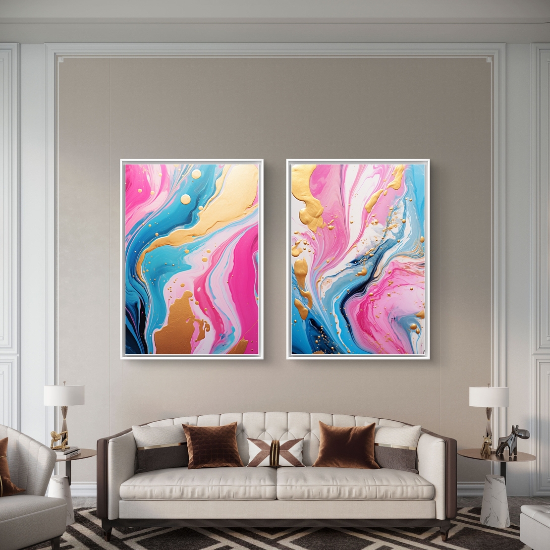תמונת קנבס זוגית אבסטרקטית בגווני ורוד, תכלת וזהב בעיצוב יוקרתי לסלון