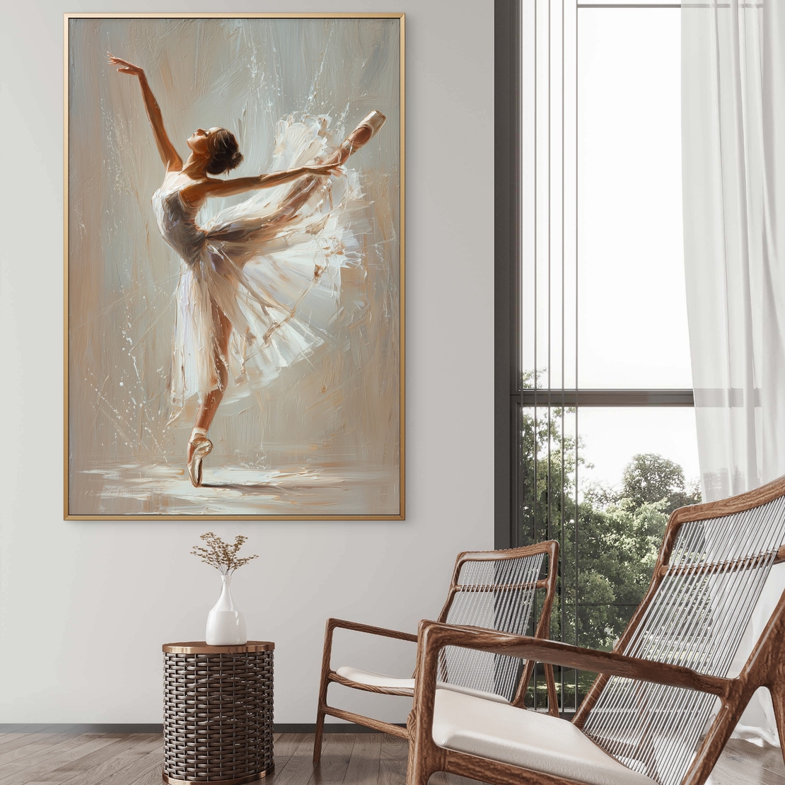 תמונת קנבס של רקדנית בלט לבושה בשמלה לבנה בתנועה אלגנטית, מודפסת בהדפסה חלקה ואיכותית מקולקציית NEXTGEN BY BAR.
