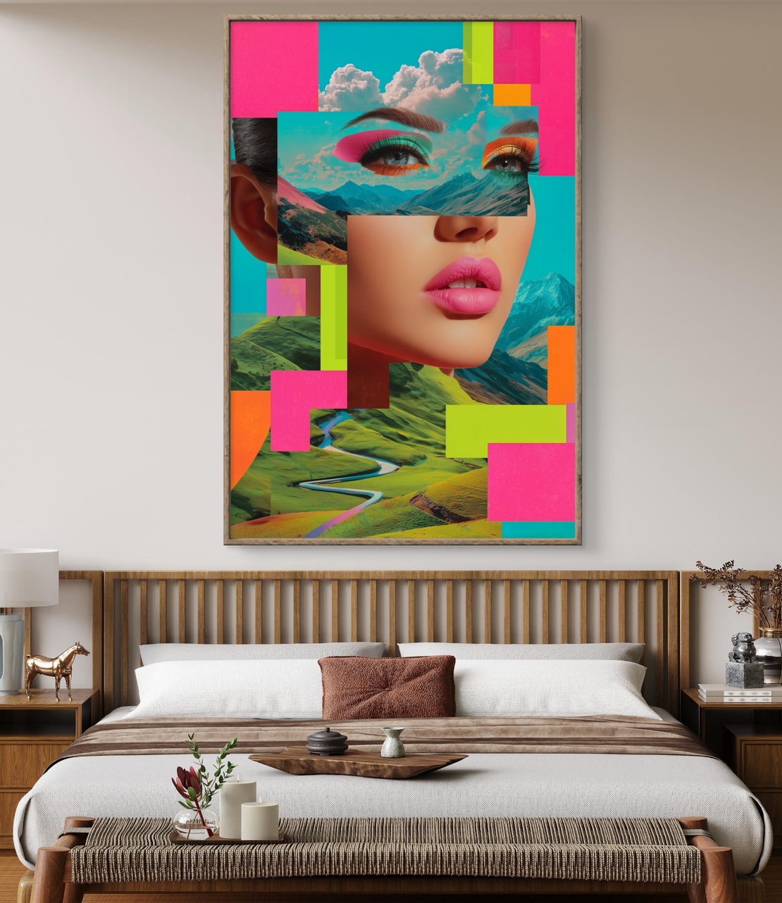 תמונת קנבס צבעונית עם דמות נשית ונופים בסגנון סוריאליסטי