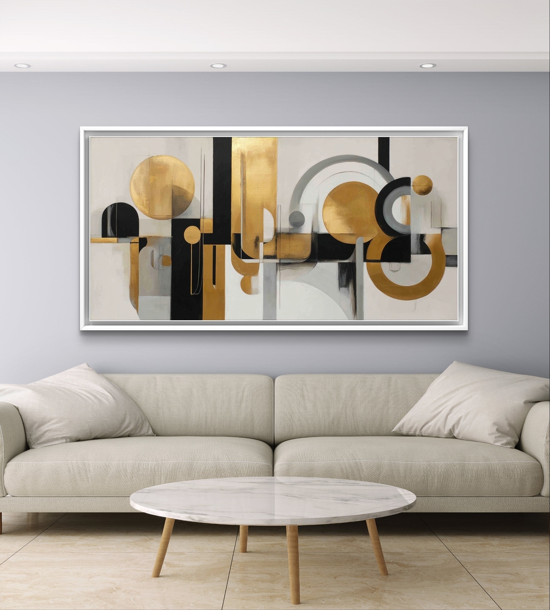תמונת קנבס גאומטרית לרוחב בגווני שחור, לבן וזהב עם צורות מעוגלות וקווים מודרניים