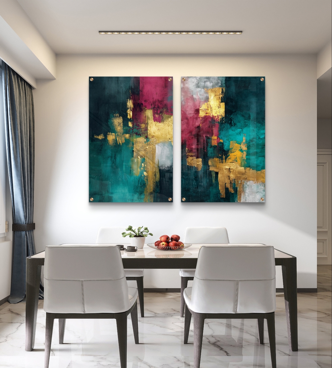 תמונת זכוכית זוגית אבסטרקטית בגווני טורקיז ובורדו עם נגיעות זהב, הדפסה חלקה ללא תבליט