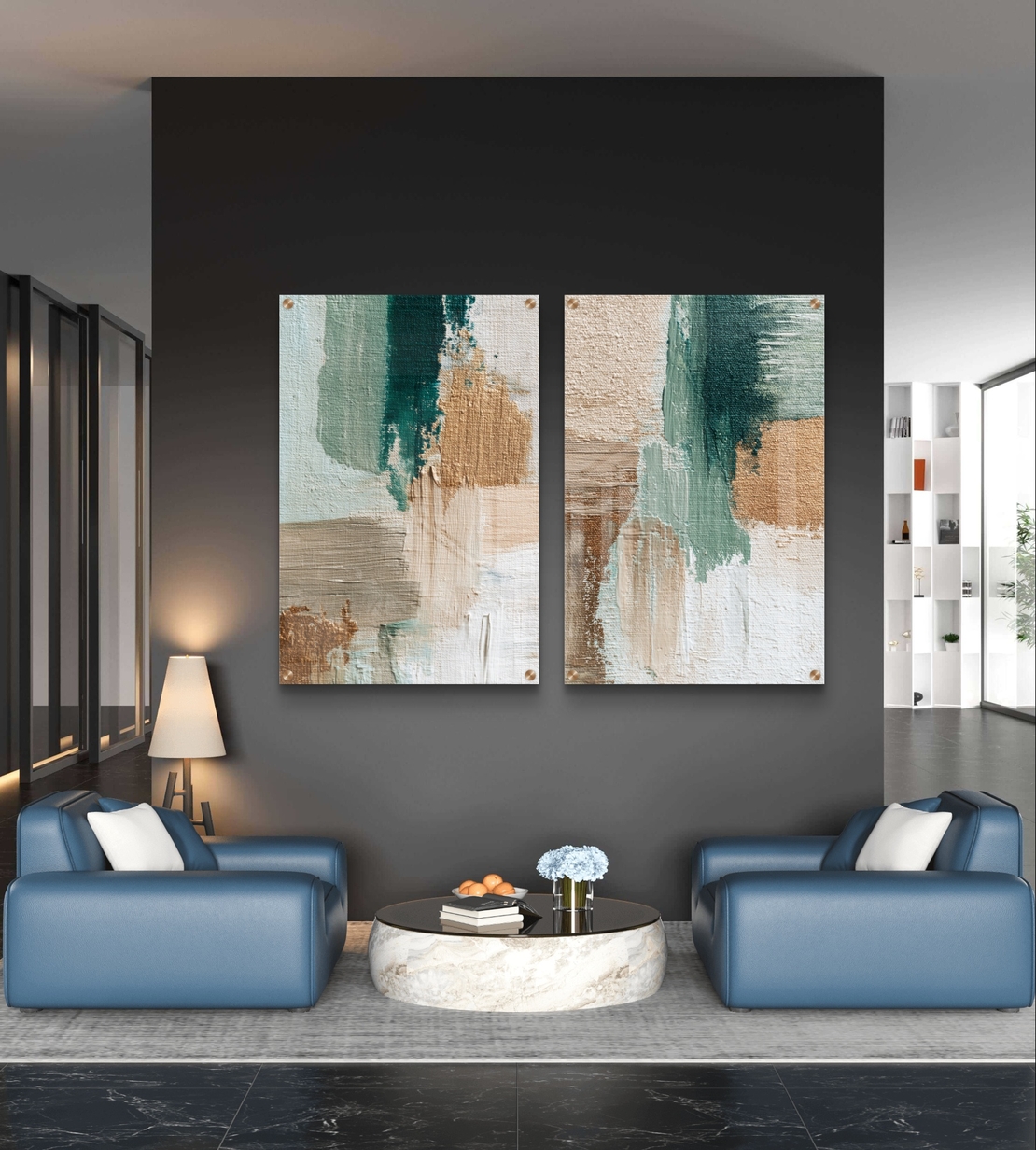 סט תמונות זכוכית זוגי אבסטרקטי בגווני בז’ וירקרק בעיצוב מודרני ורגוע