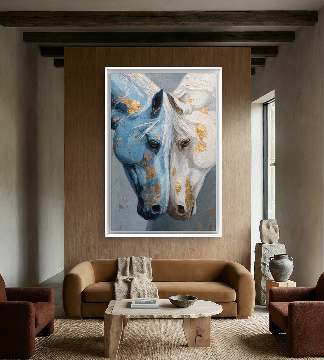 זוג סוסים מלכותיים – תמונת קנבס אמנותית בכחול, לבן ונגיעות זהב | CY1214