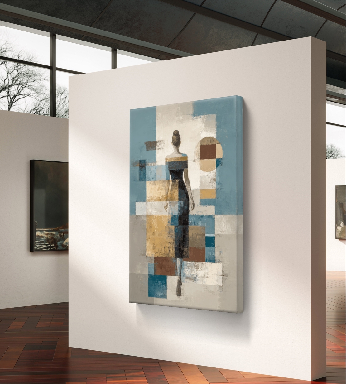 תמונת קנבס של דמות נשית מאחור בסגנון אבסטרקט גאומטרי בגוונים רגועים