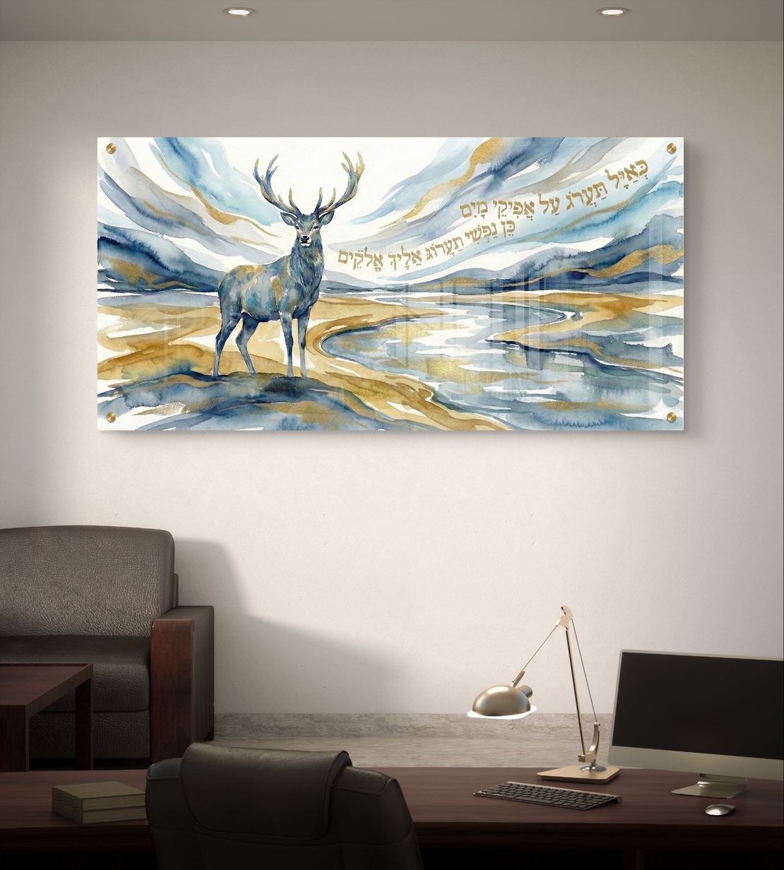 תמונת זכוכית קדושה עם אייל ופסוק השראה בגווני תכלת, לבן וזהב בהדפסה חלקה