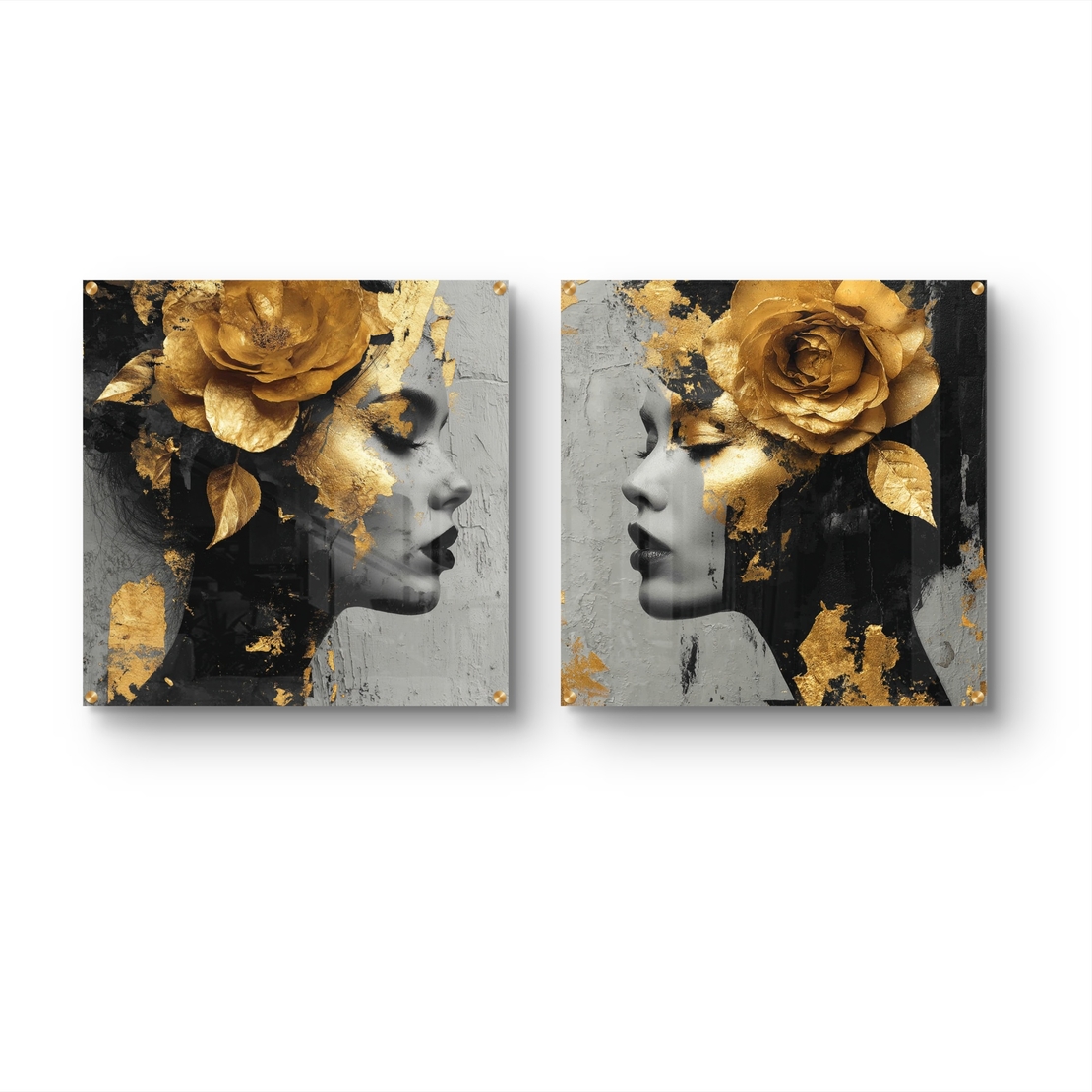 זוג תמונות זכוכית מרובעות עם דמויות נשיות בפרופיל ונגיעות זהב, בעיצוב אמנותי יוקרתי לקיר.