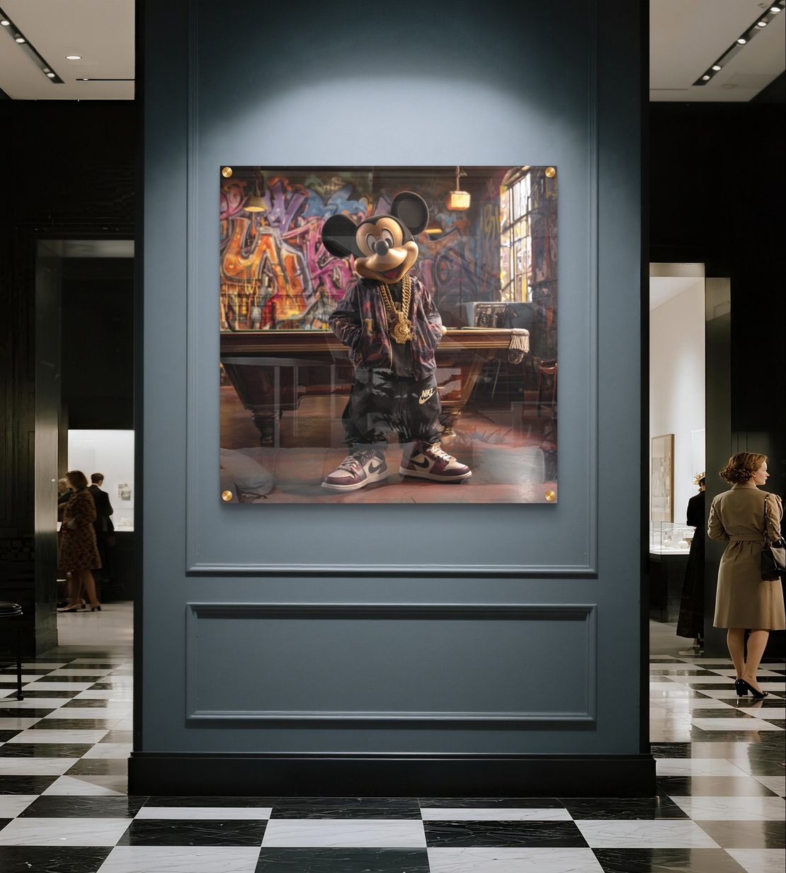 תמונת זכוכית מרובעת עם דמות מיקי בסגנון רחוב אורבני ורקע גרפיטי צבעוני, הדפסה חלקה ללא תבליט