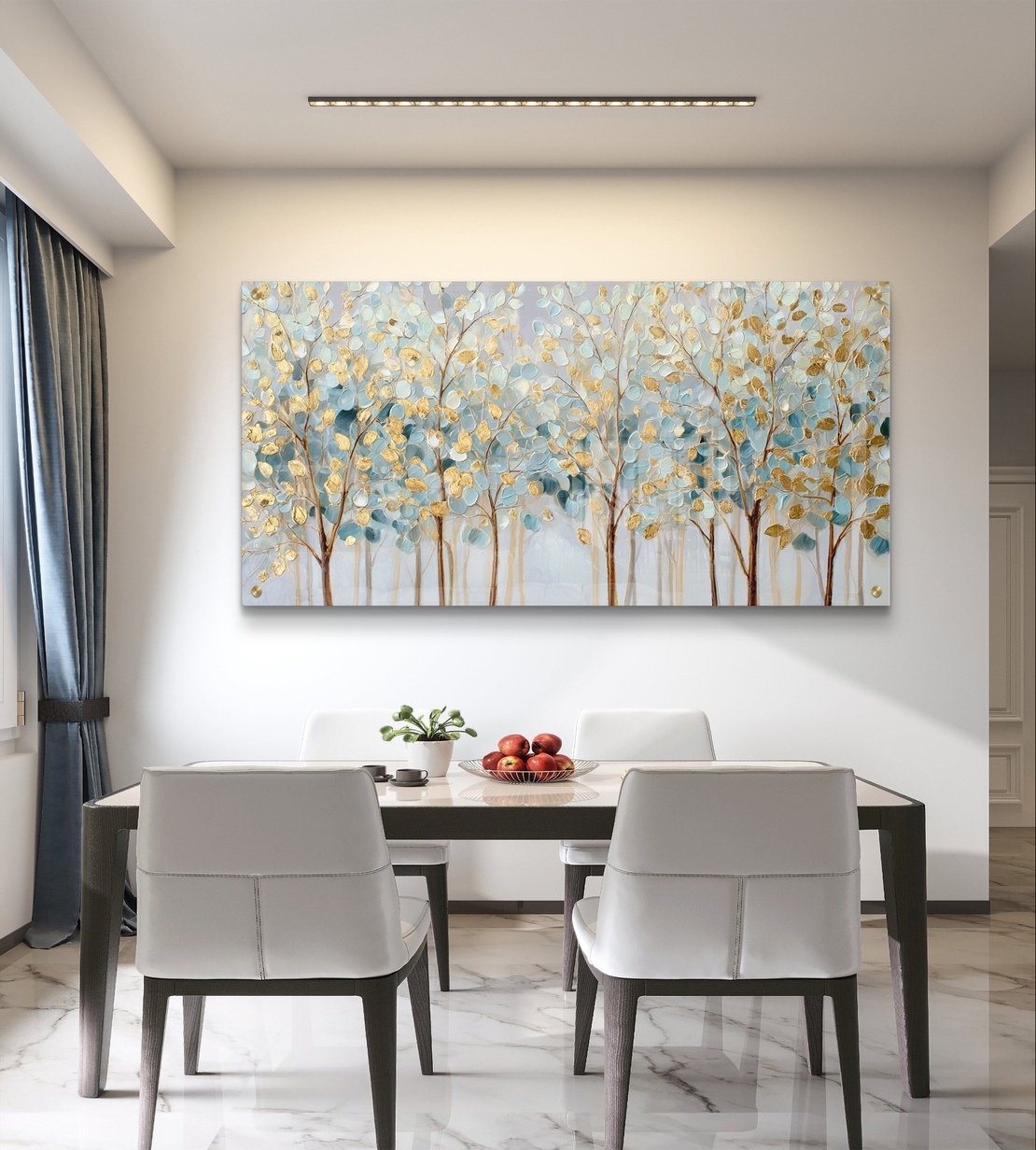 תמונת זכוכית לרוחב עם שדרת עצים בגווני תכלת וזהב בעיצוב יוקרתי ורגוע